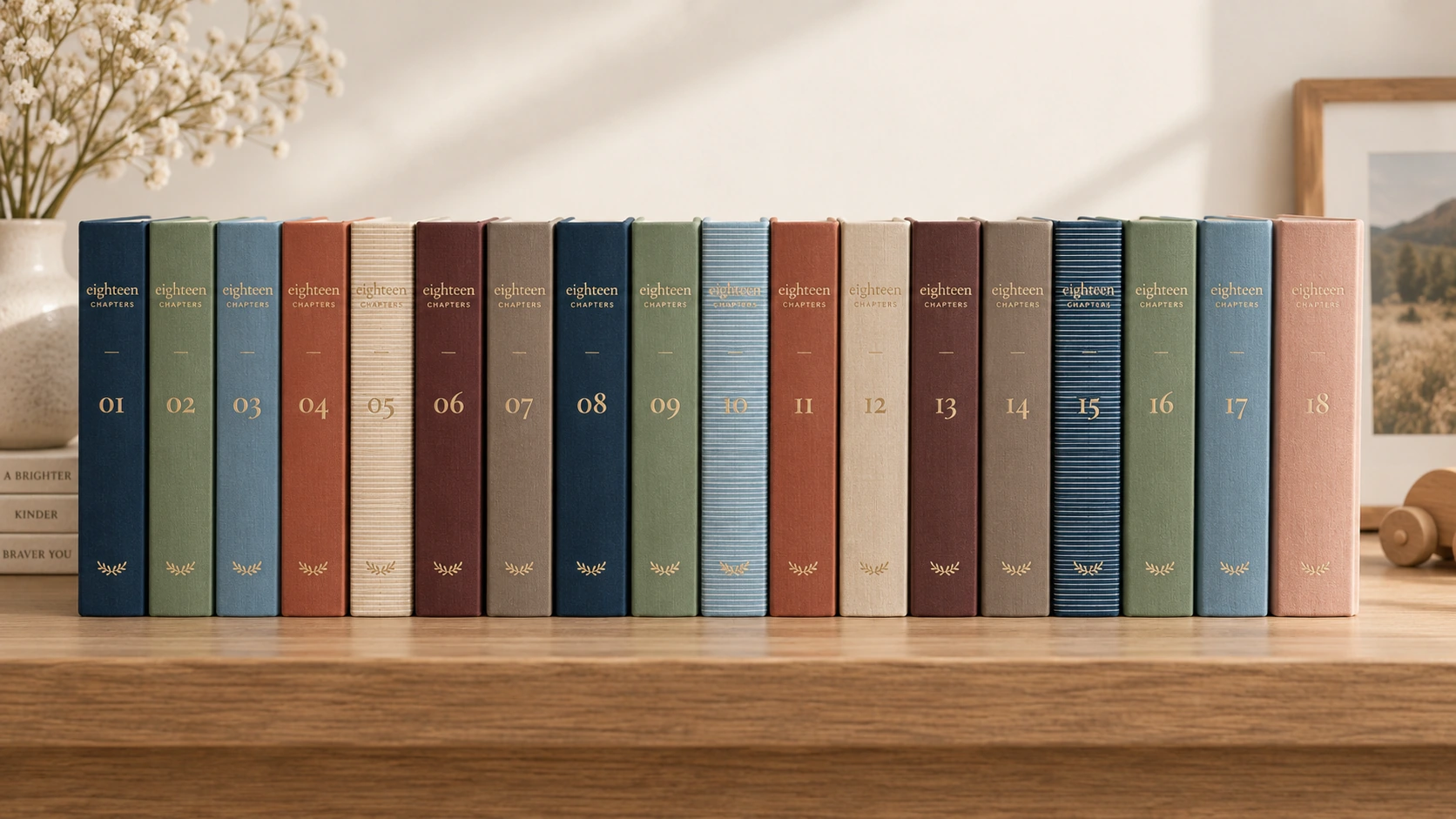 Eighteen coordinated hardcover volumes numbered one through eighteen on a wooden shelf