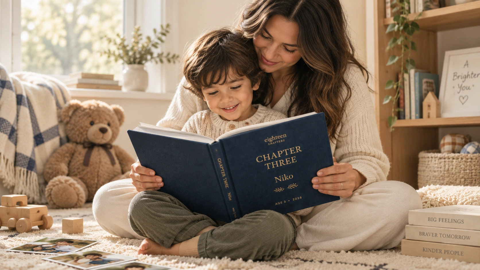A mother and young child reading a navy Eighteen Chapters hardcover together in a warm family reading nook