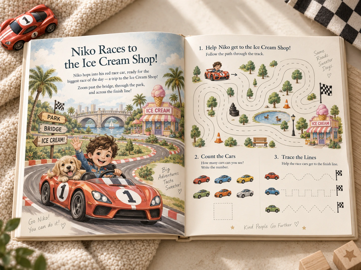 Personalized race-car story and activity spread.